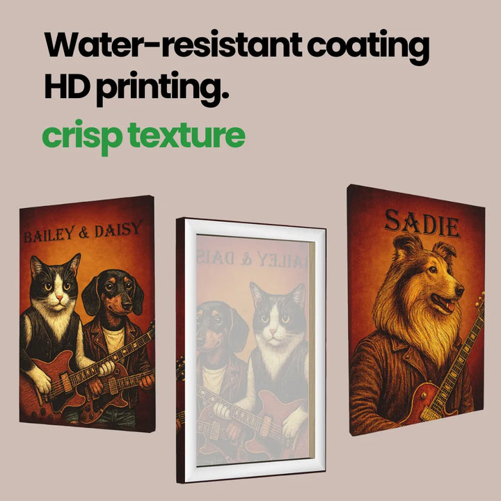 Water resistant vintage dog guitarist custom pet canvas and cat dog band print showing crisp texture and optional framed version