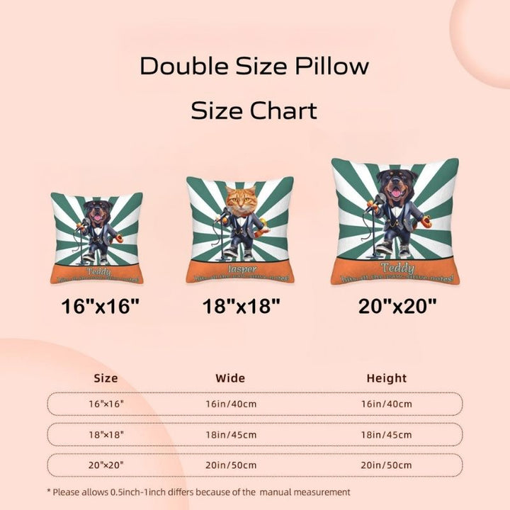 Size chart of custom dog memory pillow and cat design with 3 sizes for perfect pet-themed decor.