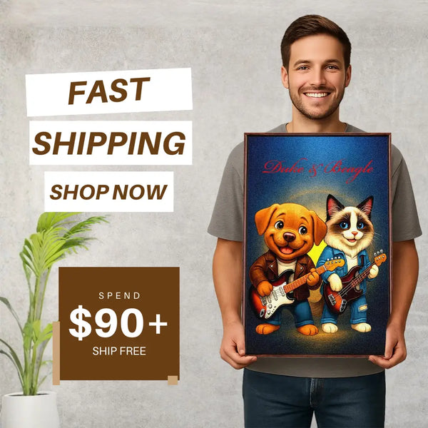Smiling man holding personalized pet rock band wall art with cartoon dog and cat guitarists, fast shipping custom pet canvas offer from My-Petsible.