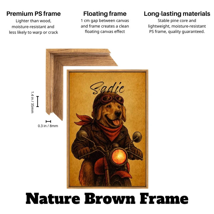 Nature brown floating frame around a custom dog portrait motorcycle wall art canvas, showing premium PS frame dimensions and floating frame effect.