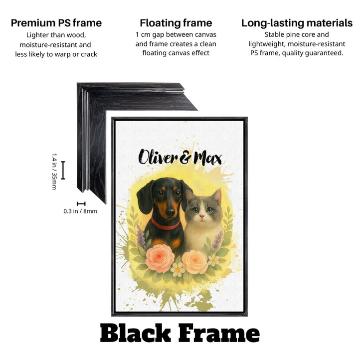 Floral watercolor pet canvas featuring custom dog and cat wall art in a black floating frame, custom pet canvas gift for living room.
