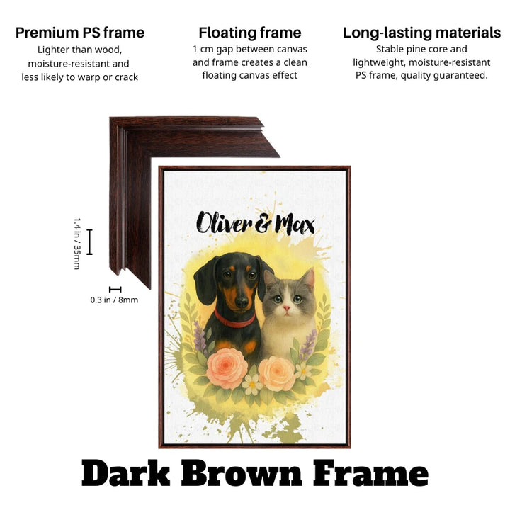 Custom watercolor pet canvas with floral dog and cat canvas art in a dark brown floating frame, personalized pet wall art.