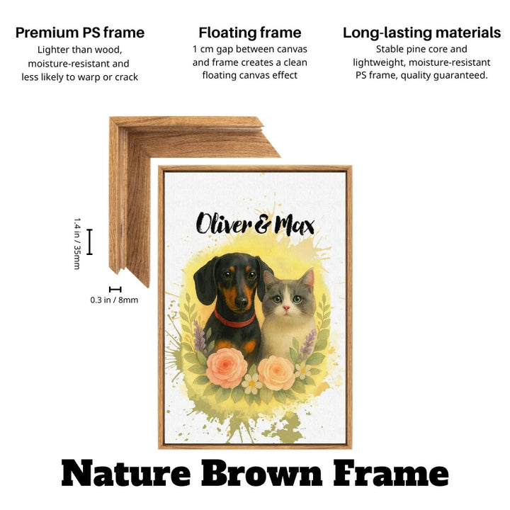 Floral watercolor pet canvas with dog and cat portrait in a nature brown floating frame, personalized pet wall art USA shipping.