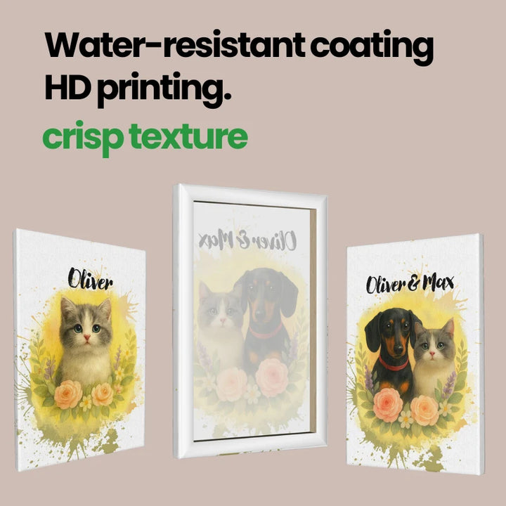 Soft watercolor pet portrait canvases with floral design showing HD printing and water resistant coating, custom watercolor pet canvas USA