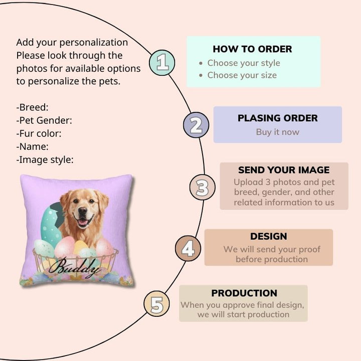 Order custom Easter-themed pet portrait pillows: upload a photo, choose a style, and get a personalized pillow.