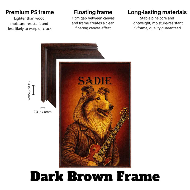 Leather jacket dog with guitar canvas print in dark brown floating frame