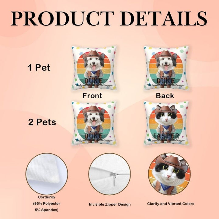 Memorial pet photo pillow with retro cowboy design, soft corduroy fabric, invisible zipper, and vibrant prints for one or two pets.