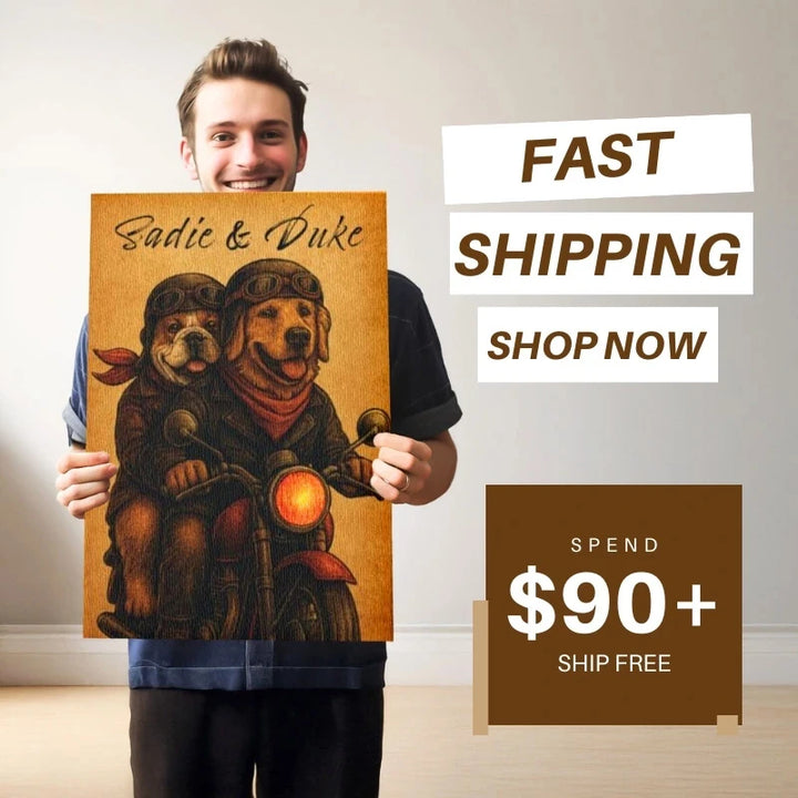 Man holding a motorcycle dog wall art custom pet rider canvas, promoting fast shipping and free shipping over $90.
