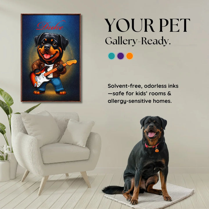 Custom rockstar pet guitar canvas of a cartoon Rottweiler in leather jacket hanging in living room, kids rock music room wall decor by My-Petsible.