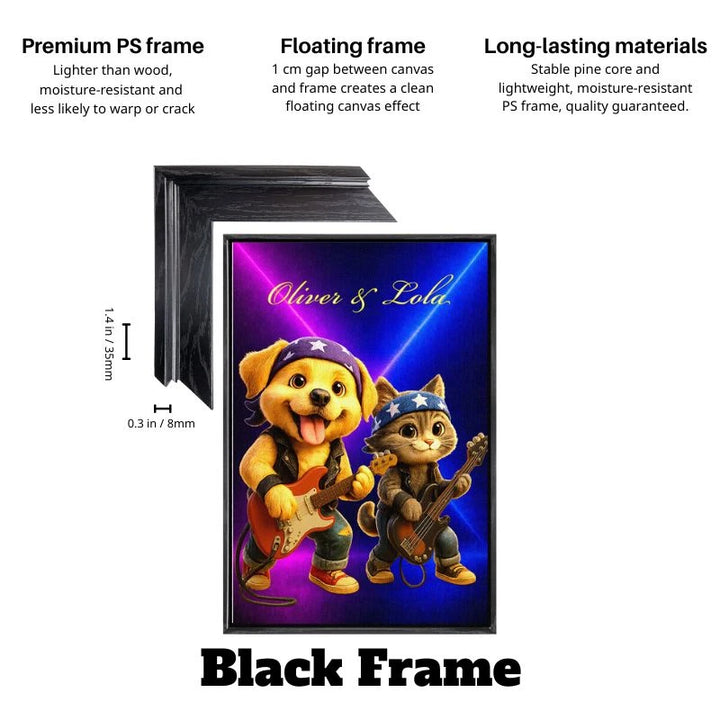 Black floating frame custom rockstar pet canvas with dog and cat band playing guitar and bass