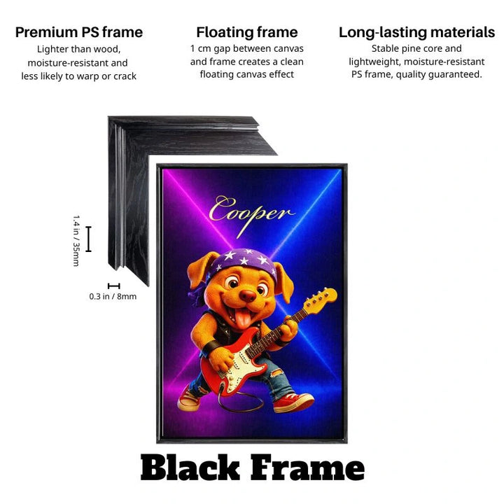 Black floating frame rockstar pet guitar canvas wall art with custom dog portrait from My-Petsible