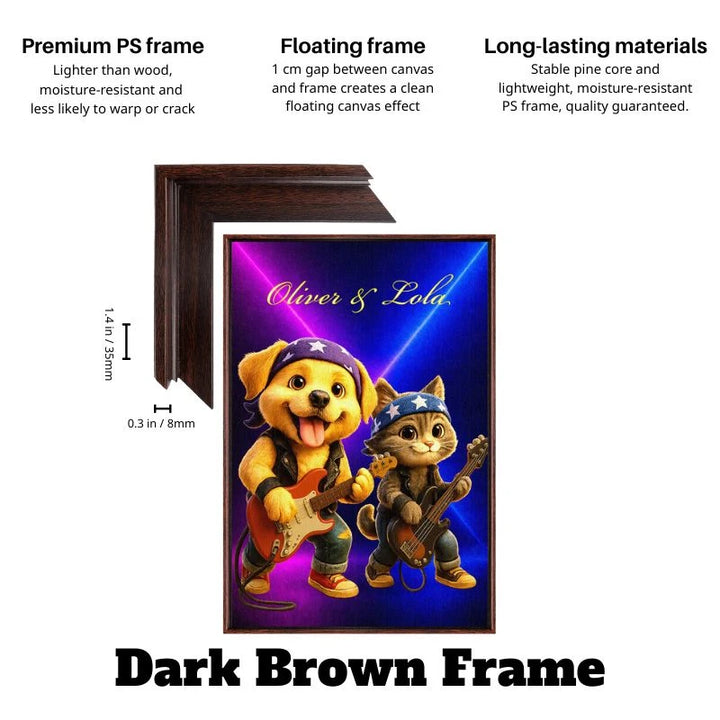 Dark brown floating frame rockstar pet band wall decor with custom dog and cat musicians