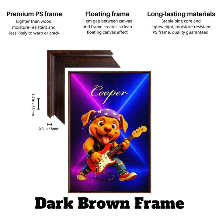 Dark brown floating frame rockstar pet guitar canvas wall art with neon stage dog