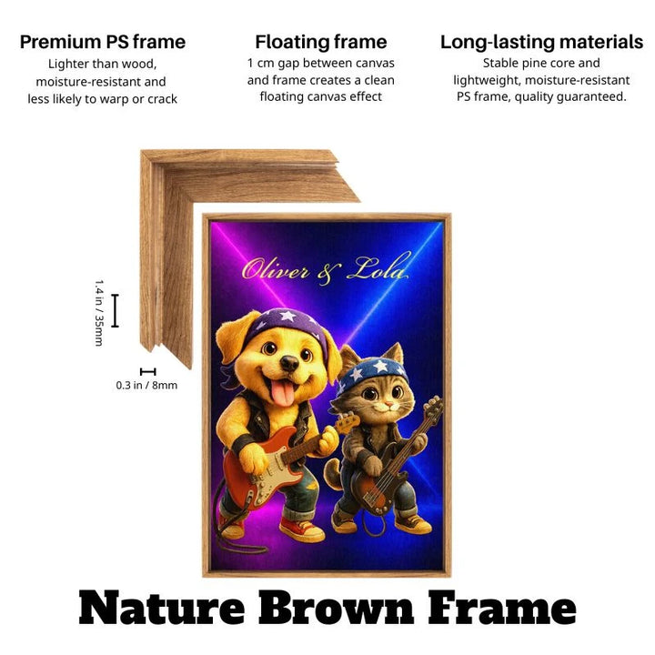Nature brown floating frame custom pet band portrait from photo with dog and cat on neon stage