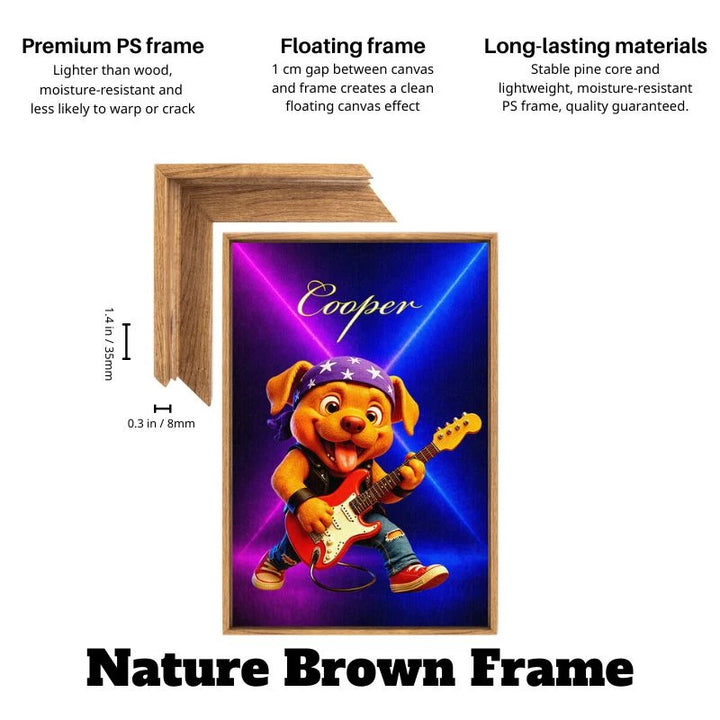 Nature brown floating frame neon pet wall art for kids featuring custom rockstar dog guitarist