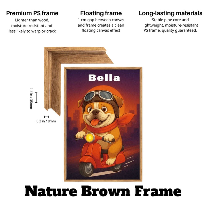 Natural brown floating frame scooter dog wall art showing French Bulldog on a red scooter with a warm sunset background.