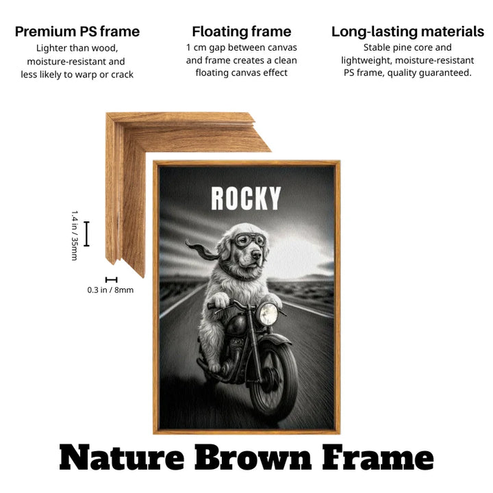 Nature brown floating frame dog biker picture with a black and white canvas of Rocky riding a motorcycle.