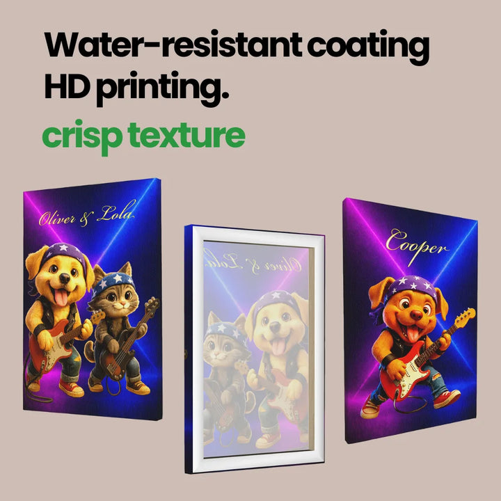 Three neon rockstar pet guitar canvas prints showing water resistant HD printing texture by My-Petsible
