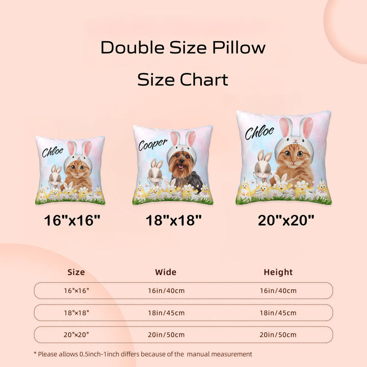 Pet pillow size chart: choose from 16"x16", 18"x18", or 20"x20" for your custom pet portrait pillow.