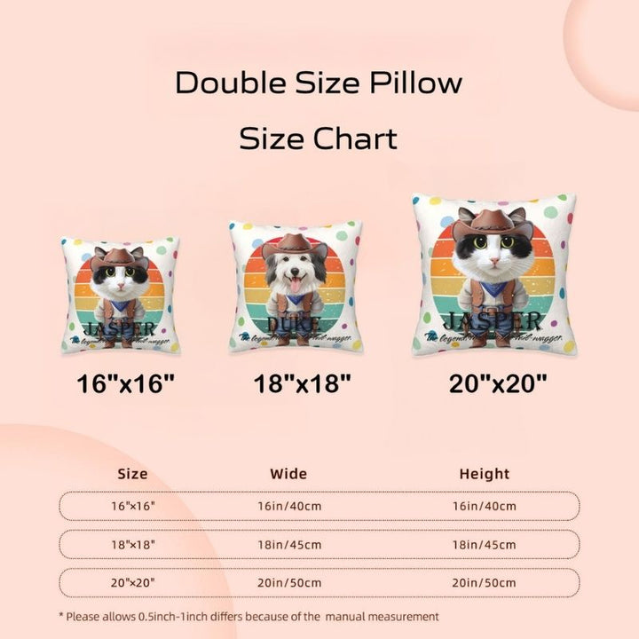 Size guide for personalised pet portrait pillows with cowboy theme, available in 16", 18", and 20" square options.