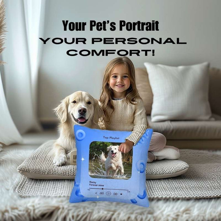 Personalized pet photo pillow featuring a golden retriever dog with a child's photo. Perfect for gifting.