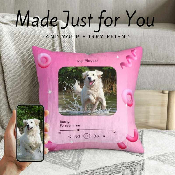 Personalized pet photo pillow featuring a golden retriever dog splashing in water. Ideal for home decor.