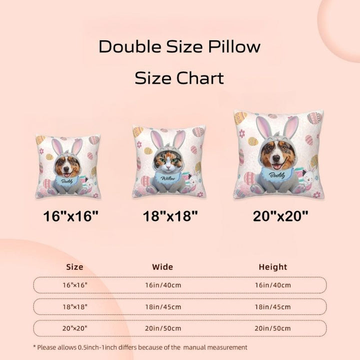 Custom pet throw pillow size guide: 16"x16", 18"x18", 20"x20", featuring pet photo and Easter design.