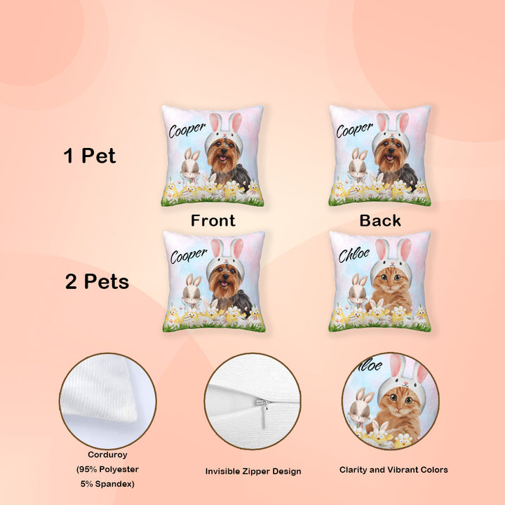 Custom pet pillow with personalized pet faces, corduroy fabric, invisible zipper, and vibrant Easter colors.