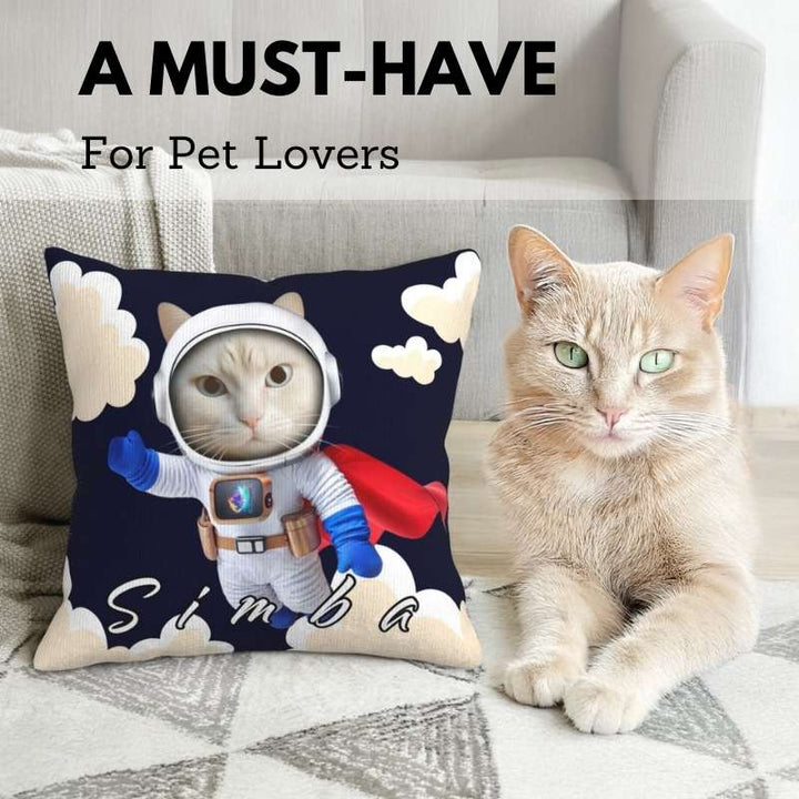 Custom pet pillow of beige cat in astronaut suit with red cape and space-themed background.