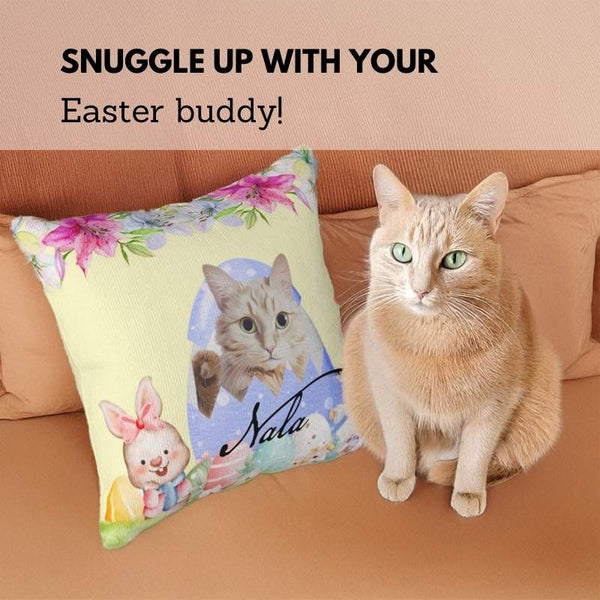 Custom pet face pillow featuring a cat portrait in an Easter egg design with floral accents. Easter gift idea for pet lovers.