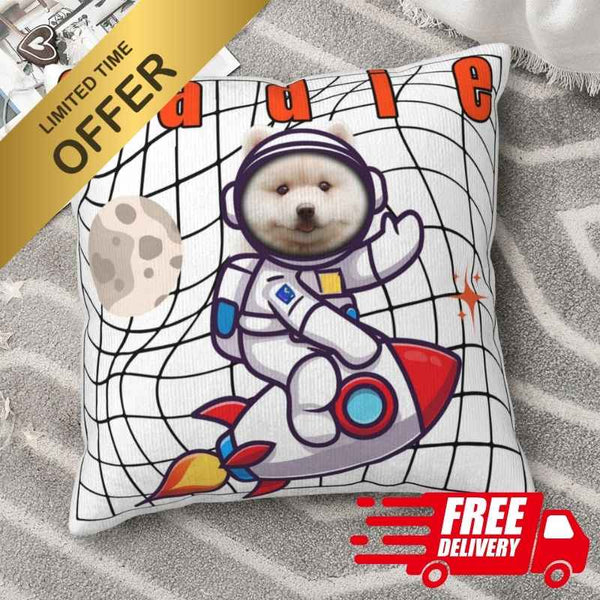 Custom cartoon astronaut dog pillow with name and rocket ride, set on a space-themed white background.