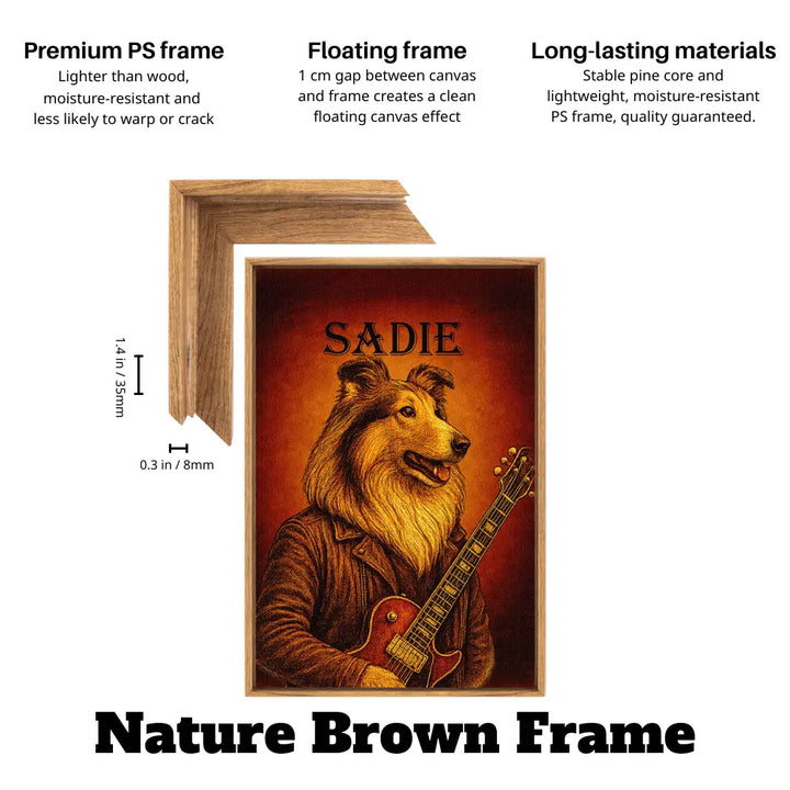 Retro dog music room wall art canvas in nature brown floating frame