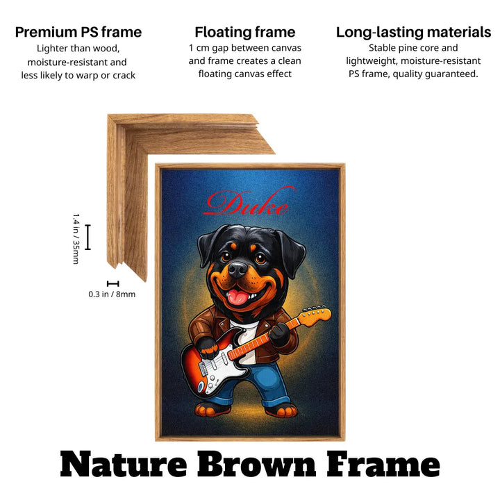 rockstar dog guitar canvas in nature brown floating frame, personalized pet wall decor