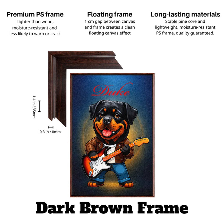 cartoon dog guitarist canvas print in dark brown floating frame, custom pet wall art