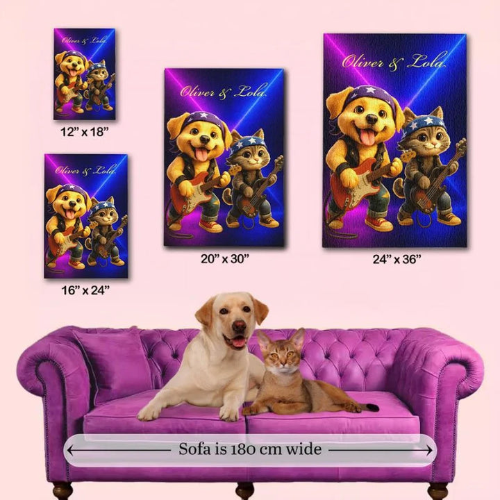 Rockstar pet guitar canvas size guide with three canvas sizes above purple sofa with dog and cat by My-Petsible