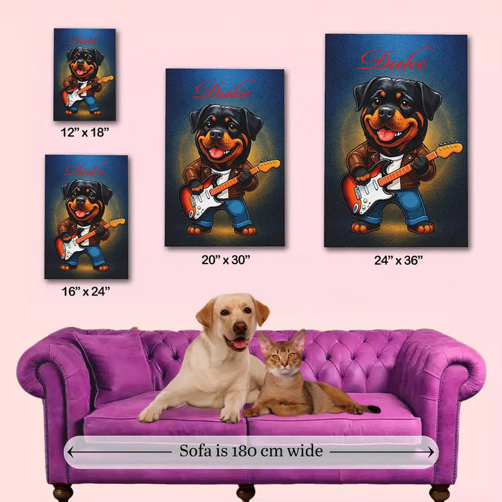 Size guide for custom rockstar pet guitar canvas with three canvas sizes above purple sofa and dog and cat, personalized pet wall art USA shipping by My-Petsible.