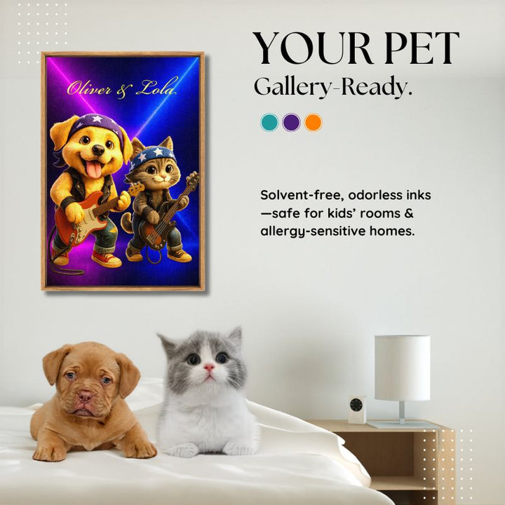 Rockstar pet guitar canvas wall art hanging above bed with puppy and kitten, gallery-ready print by My-Petsible