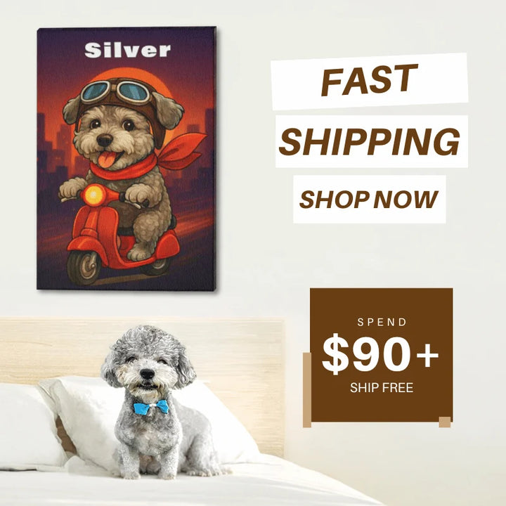 Cartoon scooter dog canvas print of Silver above a bed with a fast shipping $90+ free offer.