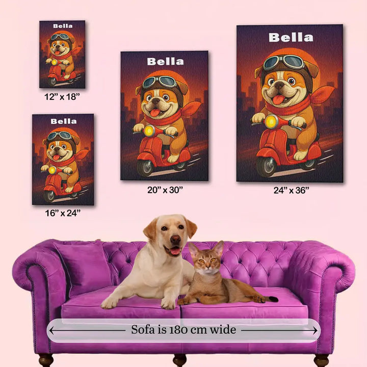 Scooter dog canvas size guide showing scooter prints above a purple sofa with a dog and cat, sofa 180 cm wide.