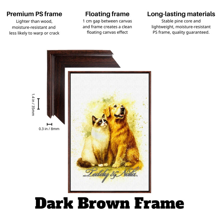 Soft watercolor cat and dog portrait on custom canvas with dark brown floating frame – personalized pet wall art, USA shipping.