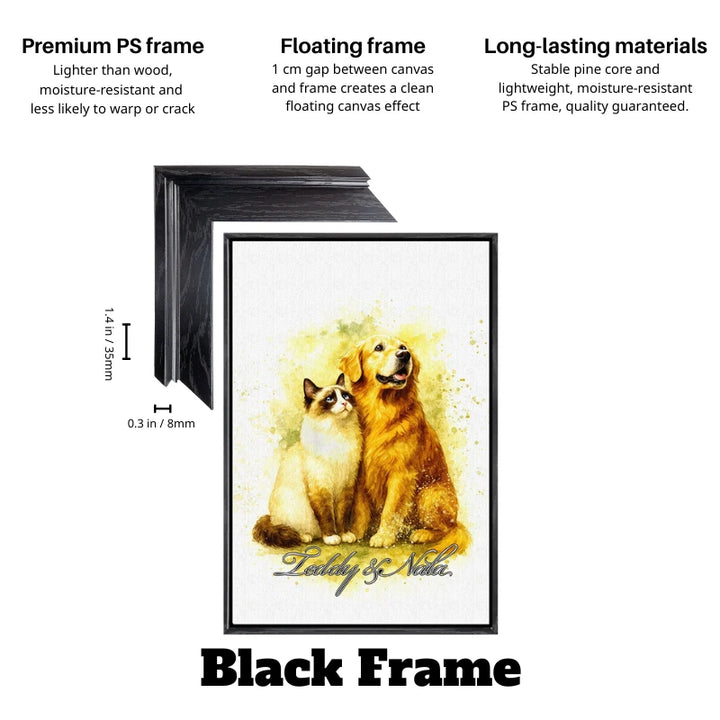 Custom watercolor cat and dog canvas with black floating frame, soft yellow splash background – cat and dog wall art for living room.