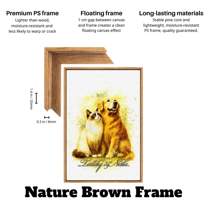 Custom soft watercolor cat and dog wall art on canvas with natural brown floating frame – pet memorial watercolor canvas for living room.