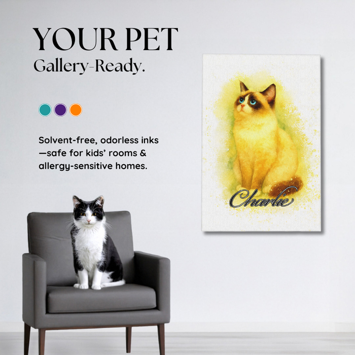 Soft watercolor pet portrait of a cat on custom canvas hanging above a chair, personalized pet wall art for living room
