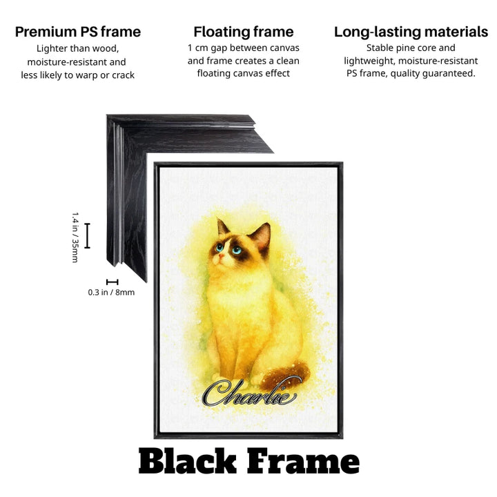 Soft watercolor cat portrait on custom pet canvas with black floating frame – personalized pet wall art, USA shipping.