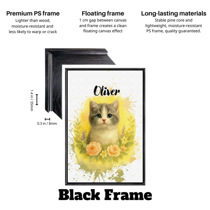 Soft watercolor pet portrait of a cat in a floral watercolor pet canvas with black floating frame, personalized pet wall art.
