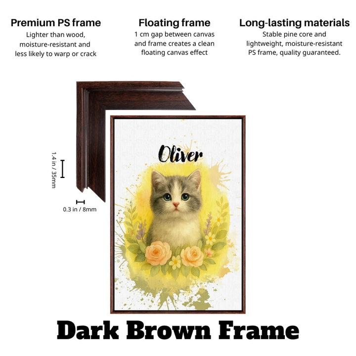 Soft watercolor pet portrait of a kitten surrounded by flowers on a custom watercolor pet canvas with dark brown frame.
