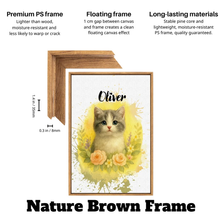 Soft watercolor pet portrait on floral custom pet canvas in a nature brown frame, custom pet canvas USA.