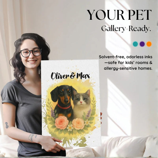 Woman holding floral watercolor custom dog and cat canvas art, soft watercolor pet portrait wall decor for living room in USA