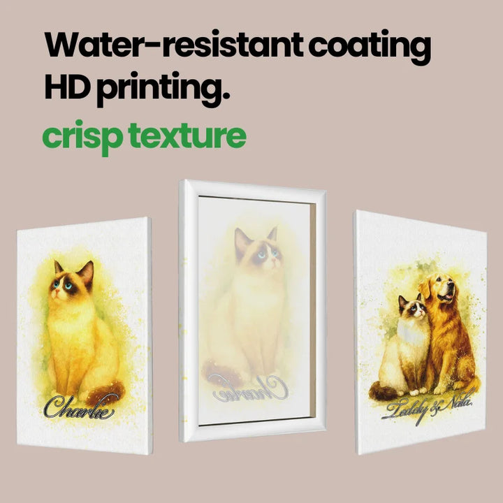 Soft watercolor pet portrait canvases shown in multiple formats, custom watercolor pet canvas wall art display