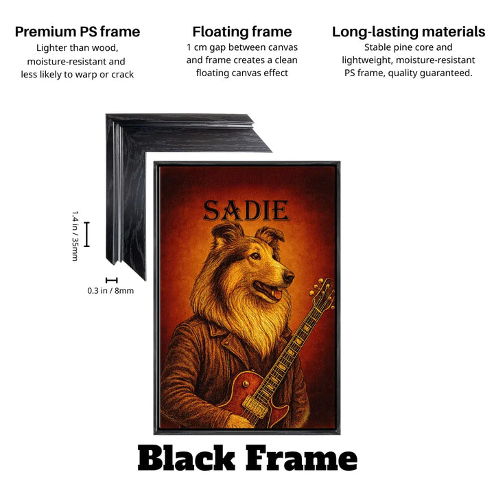 Vintage dog guitarist custom pet canvas in black floating frame